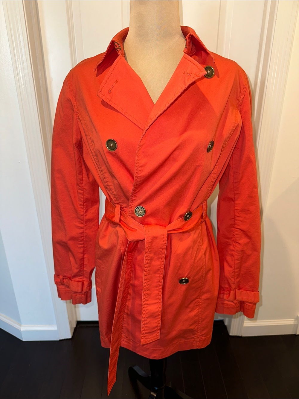Michael Kors Bright Orange Double-Breasted Trench with Tie Belt